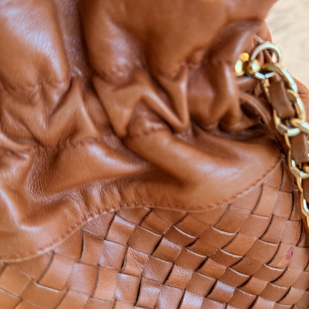 Henri Bendel Tan Woven Leather Bucket Bag with Brown Tassels and Chain Strap - Picture 9 of 11